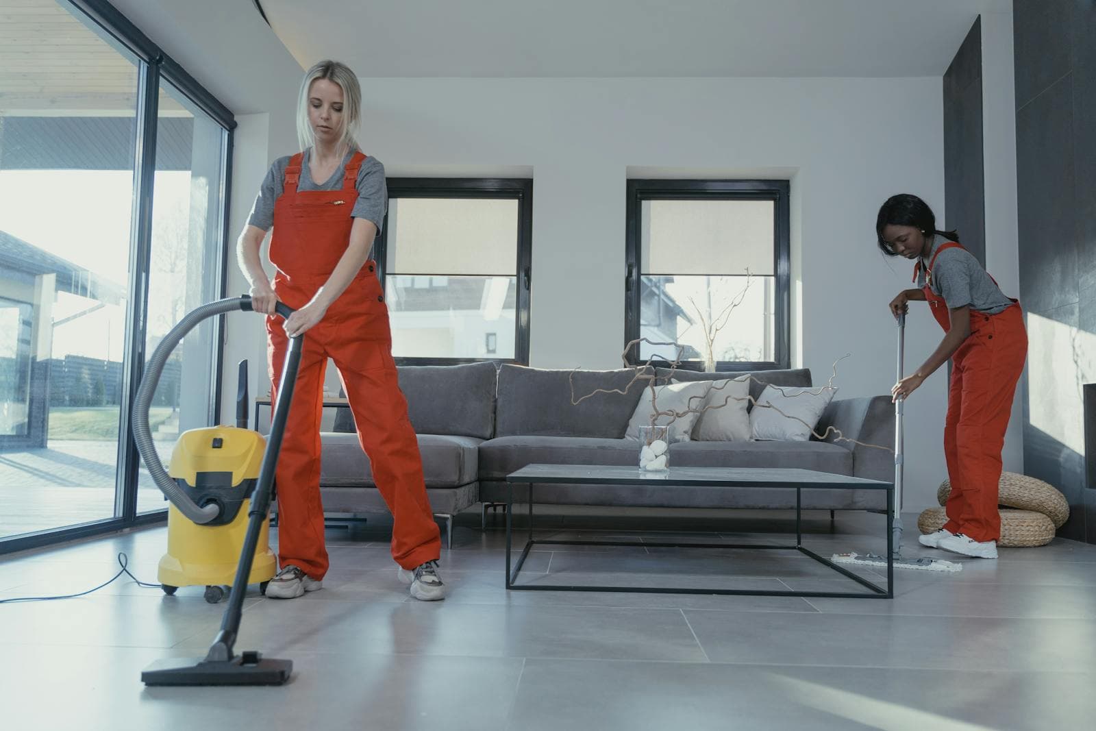 Uniformed cleaners maintaining a commercial floor