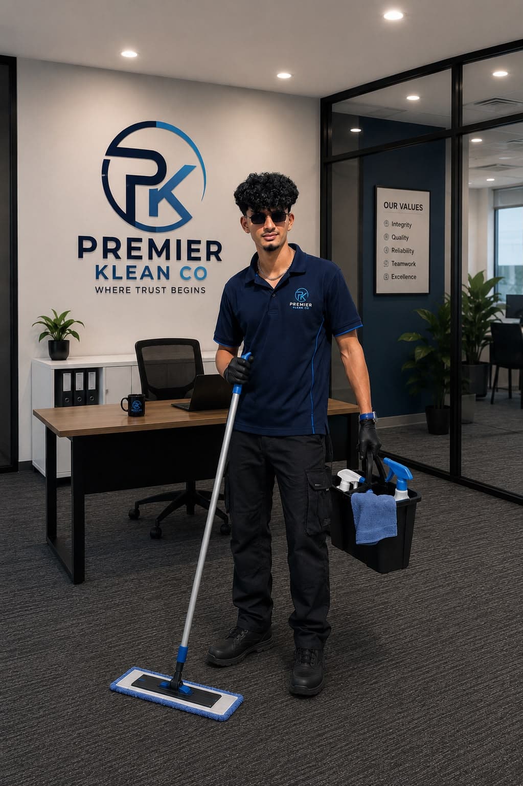 Premier Klean Co. cleaning technician in uniform with mop and caddy